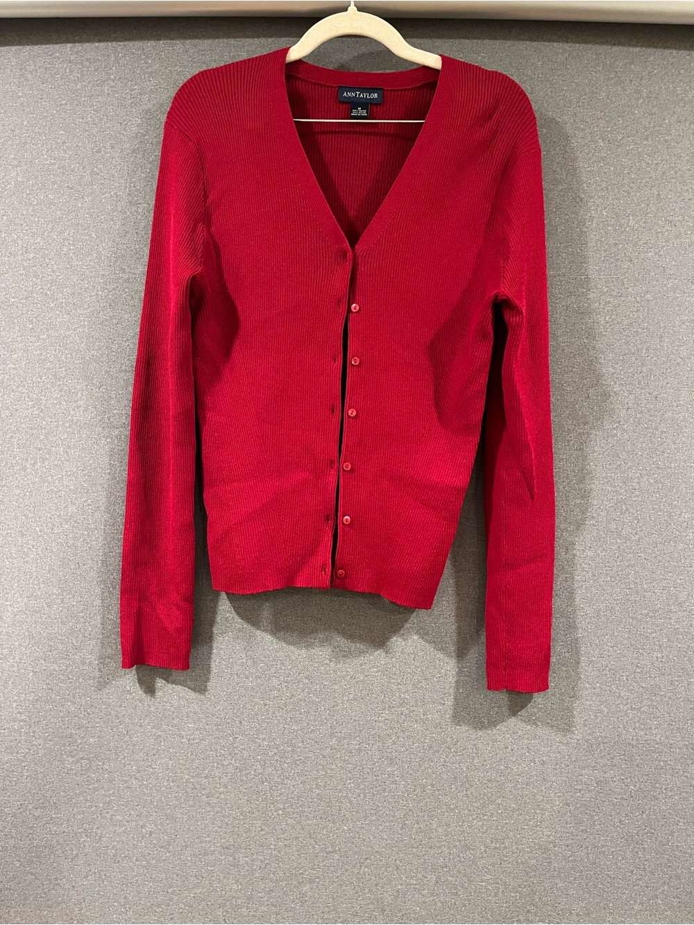Ann Taylor Bright Red V-Neck Button-Up Cardigan